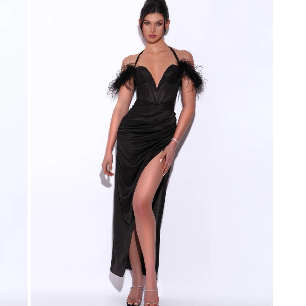 Miss Circle Odell Black Satin Corset Gown with Feather Strap